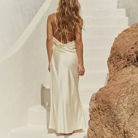 Zara Ivory Satin Ruched Maxi Dress - Picture 2 of 13